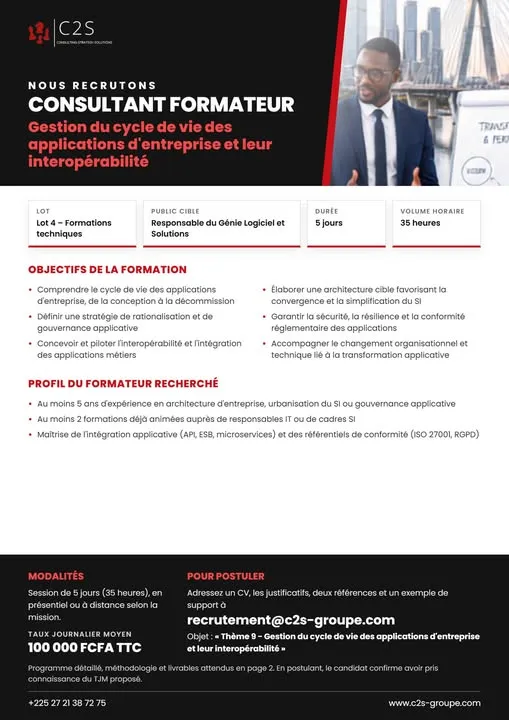 Offre emploi CONSULTANT FORMATEUR EN GESTION DU CYCLE DE VIE DES APPLICATIONS D'ENTREPRISE à ABIDJAN