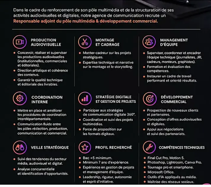 Offre emploi RESPONSABLE ADJOINT DU PÔLE MULTIMÉDIA & DÉVELOPPEMENT COMMERCIAL à Cote d'ivoire