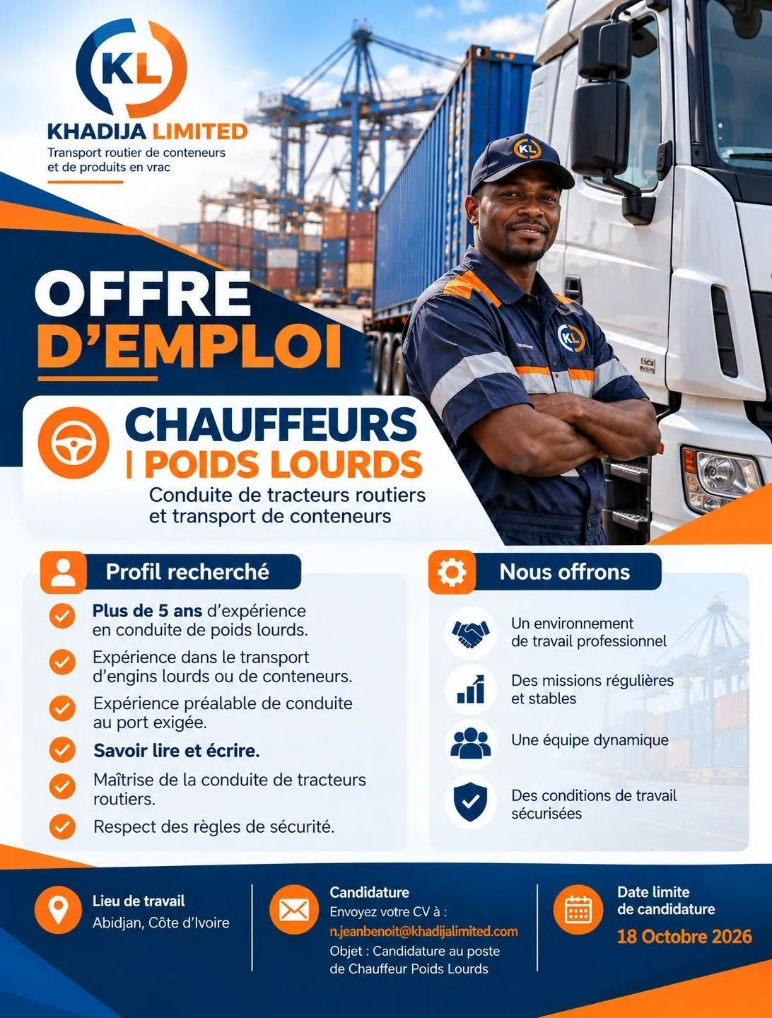 Offre RECRUTEMENT DES CHAUFFEURS POIDS LOURDS à COTE D'IVOIRE