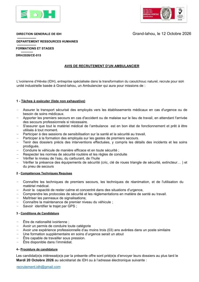 Offre RECRUTEMENT AMBULANCIER / TOURNEUR- FRAISEUR à GRAND-LAHOU