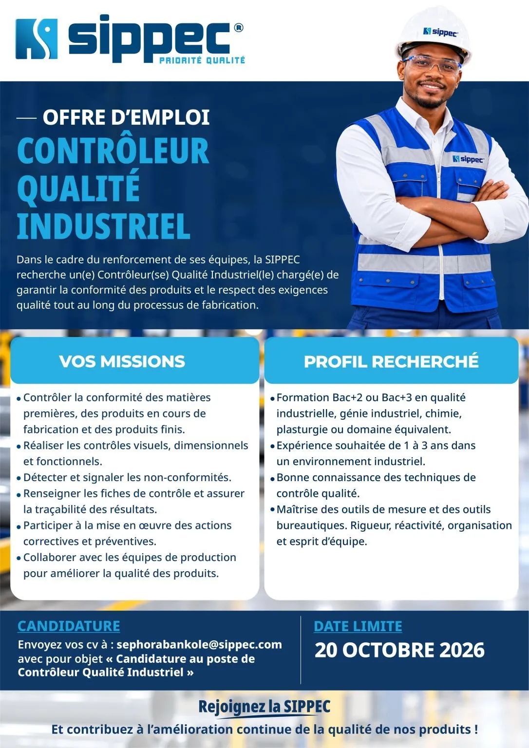 Offre d'emploi RECRUTEMENT CONTROLEUR QUALITE INDUSTRIEL à COTE D'IVOIRE