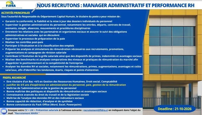 Offre d'emploi 𝐌𝐀𝐍𝐀𝐆𝐄𝐑 𝐀𝐃𝐌𝐈𝐍𝐈𝐒𝐓𝐑𝐀𝐓𝐈𝐅 𝐄𝐓 𝐏𝐄𝐑𝐅𝐎𝐑𝐌𝐀𝐍𝐂𝐄 𝐑𝐇 à COTE D'IVOIRE