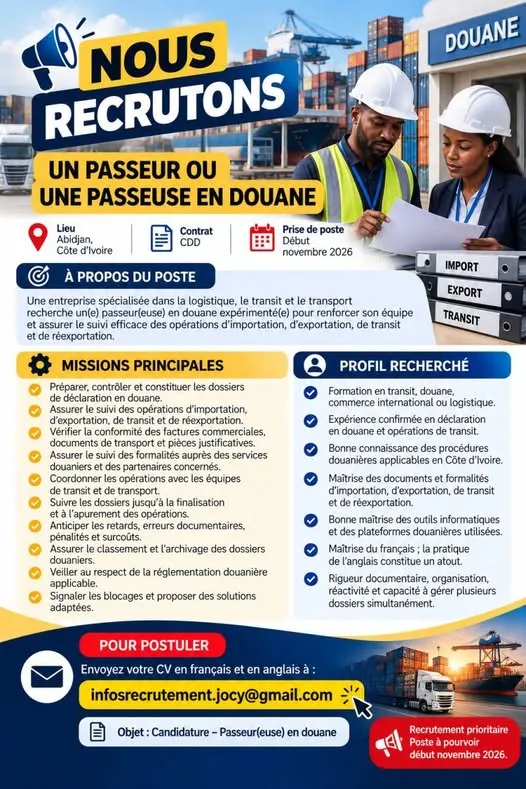 Offre d'emploi OPPORTUNITÉ D’EMPLOI | PASSEUR OU PASSEUSE EN DOUANE à COTE D'IVOIRE