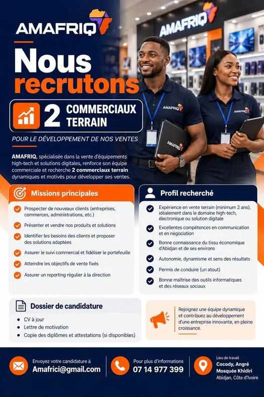 Offre RECRUTEMENT DES COMMERCIAUX TERRAIN à ABIDJAN