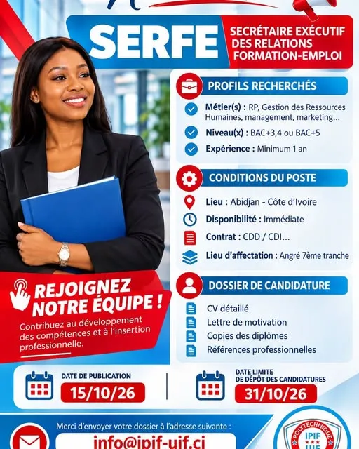 Offre RECRUTEMENT EXCECUTIF DES RELATIONS FORMATIONS-EMPLOIS à ABIDJAN