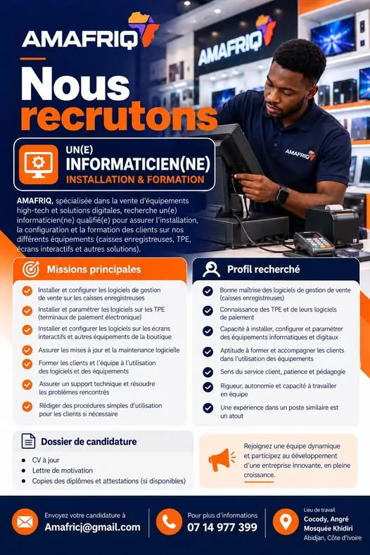 Offre RECRUTEMENT TECHNICIEN INFORMATICIEN (H/F) à ABIDJAN