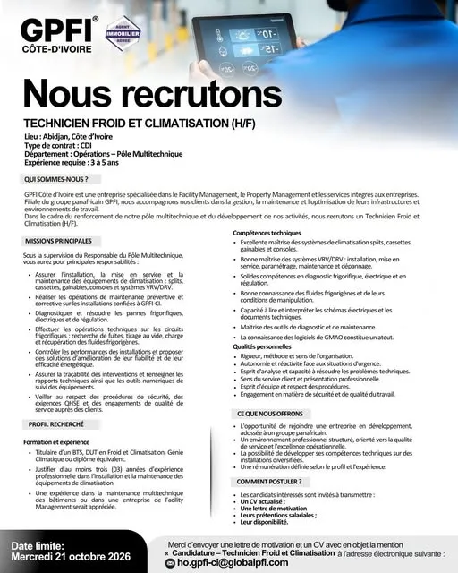 Offre TECHNICIEN FROID ET CLIMATISATION (H/F) à COTE D'IVOIRE
