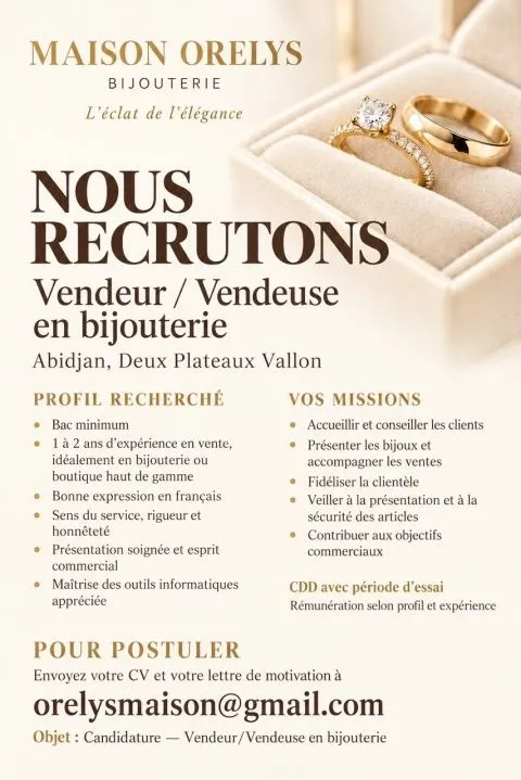 Offre RECRUTEMENT DE VENDEUR /VENDEUSE à COTE D'IVOIRE