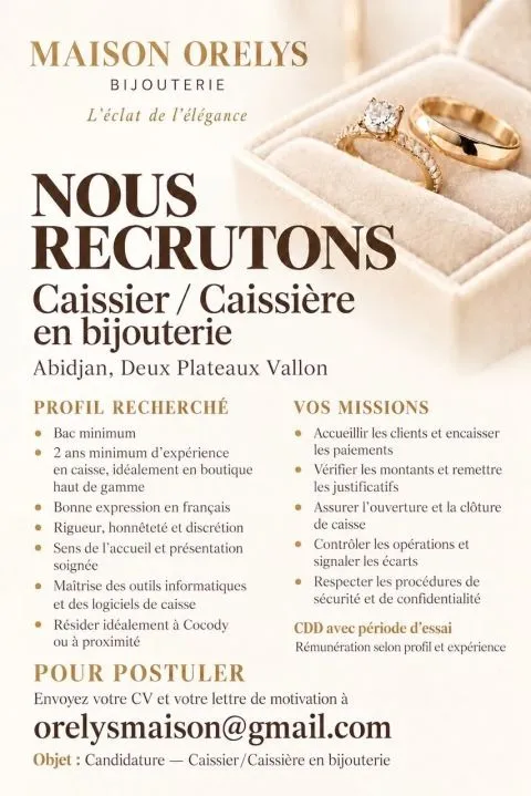 Offre RECRUTEMENT D'UN CAISSIER / CAISSIERE à COTE D'IVOIRE