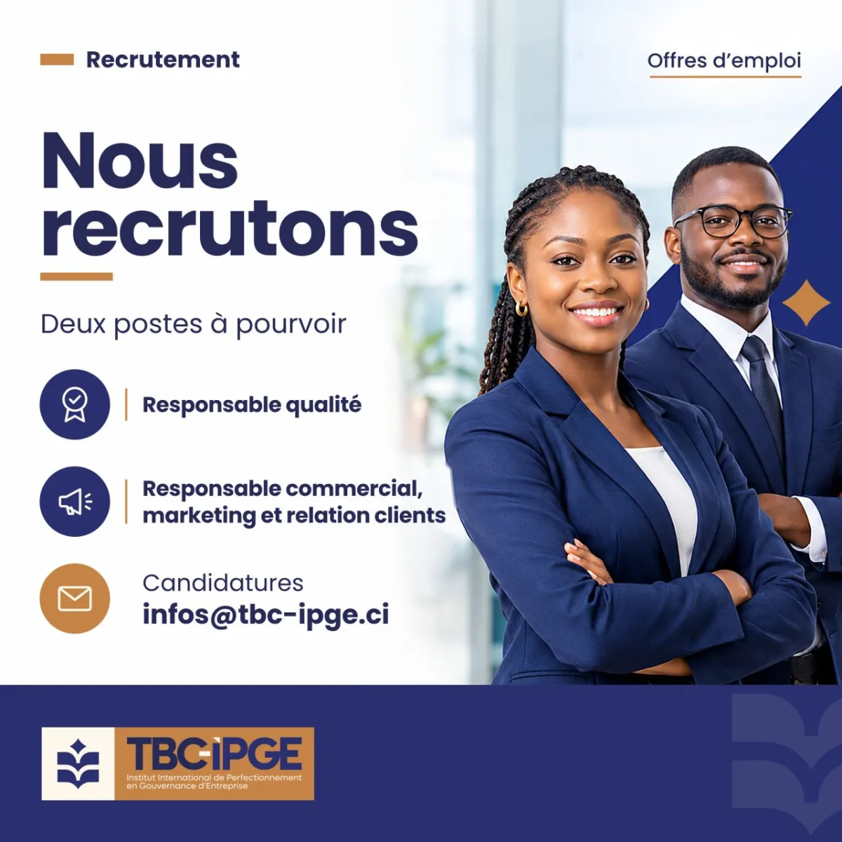 Offre RECRUTEMENT RESPONSABLE QUALITE / RESPONSABLE COMMERCIAL à COTE D'IVOIRE