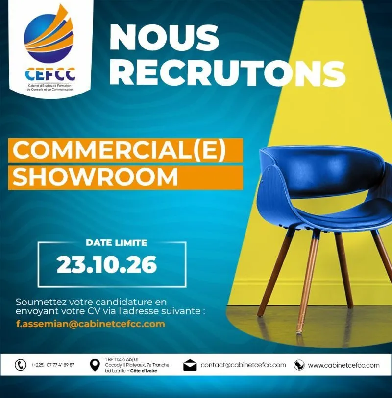 Offre RECRUTEMENT D'UN COMMERCIAL SHOWROOM (H/F) à COTE D'IVOIRE