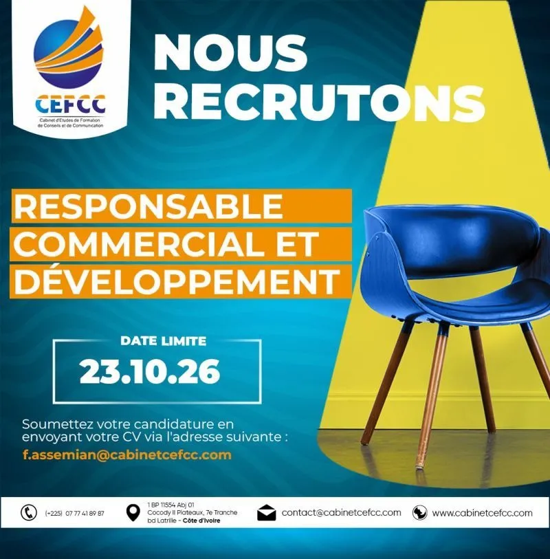 Offre RECRUTEMENT RESPONSABLE COMMERCIAL ET DEVELOPPEMENT à COTE D'IVOIRE