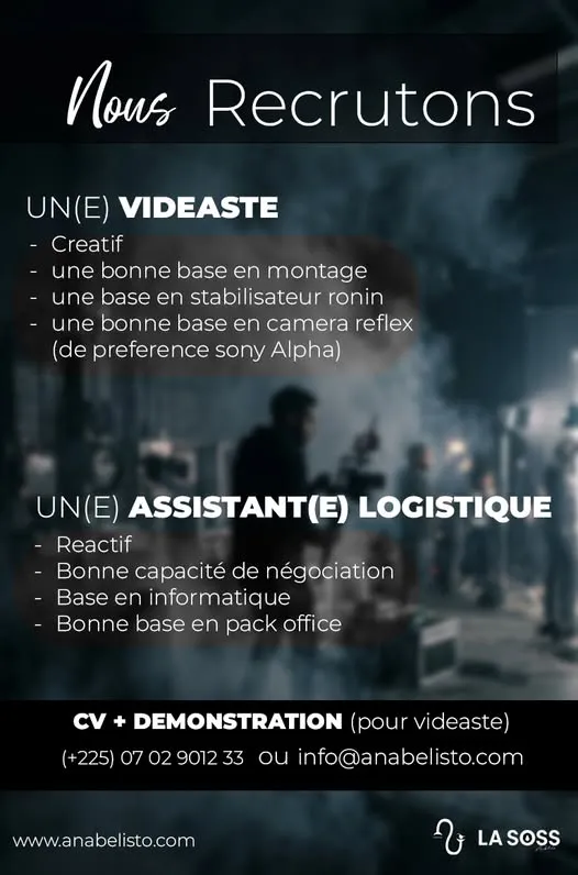 Offre RECRUTEMENT VIDÉASTE ASSISTANT(E) LOGISTIQUE à COTE D'IVOIRE