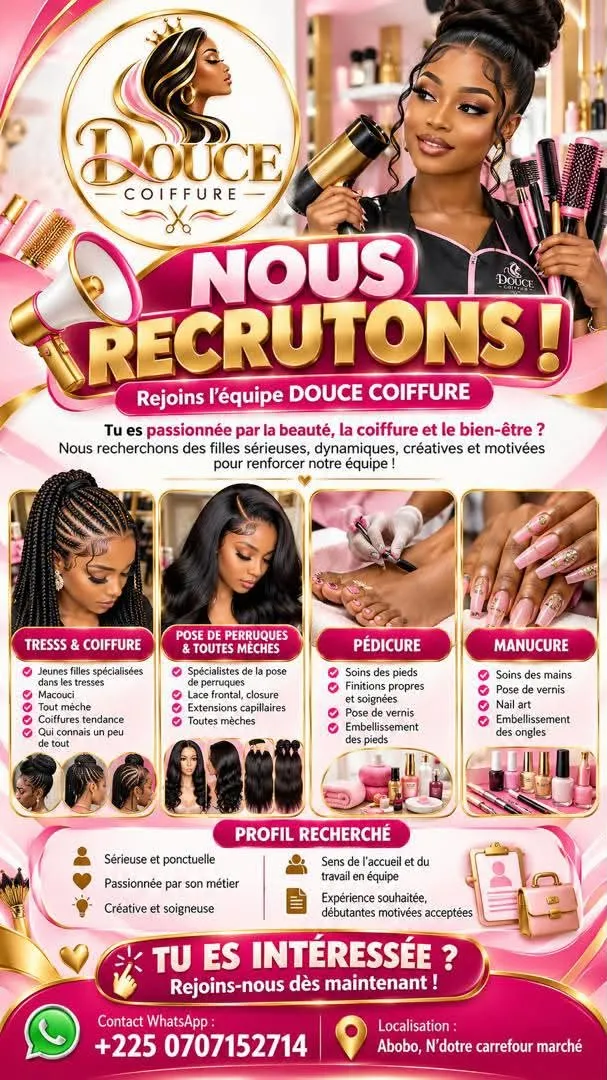 Offre DOUCE COIFFURE RECRUTE DES FILLES à ABIDJAN