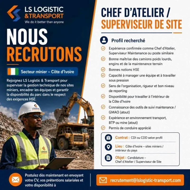 Offre RECRUTEMENT SUPERVISEUR DE SITE à COTE D'IVOIRE