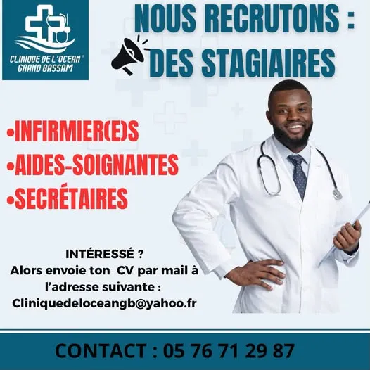 Offre RECRUTEMENT INFIRMIER (E) - AIDES SOIGNANTES - SECRETAIRE à GRAND-BASSAM
