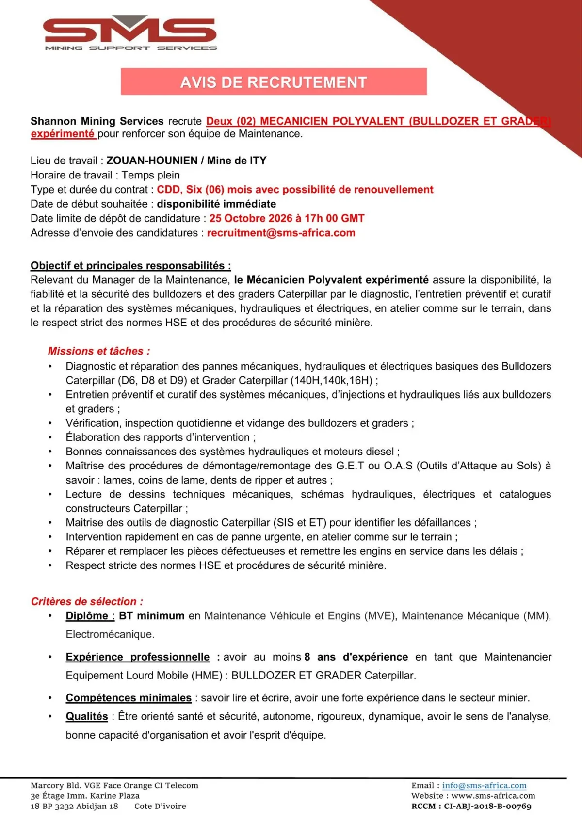 Offre RECRUTEMENT MECANICIEN POLYVALENT (BULLDOZER/GRADER) à COTE D'IVOIRE