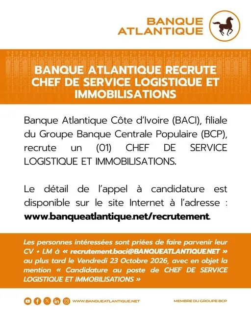 Offre un (01) CHEF DE SERVICE LOGISTIQUE ET IMMOBILISATIONS à COTE D'IVOIRE