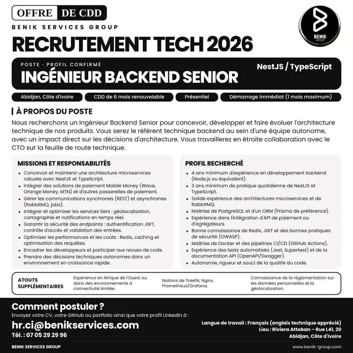 Offre RECRUTEMENT INGÉNIEUR BACKEND SENIOR à Cote d'ivoire