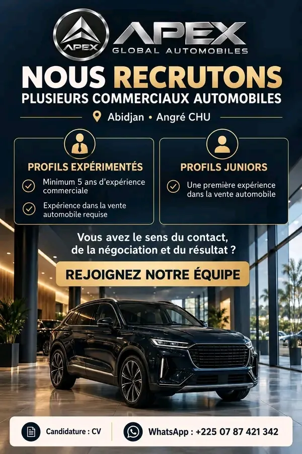 Offre RECRUTEMENT COMMERCIALES ET COMMERCIAUX AUTOMOBILE à Abidjan