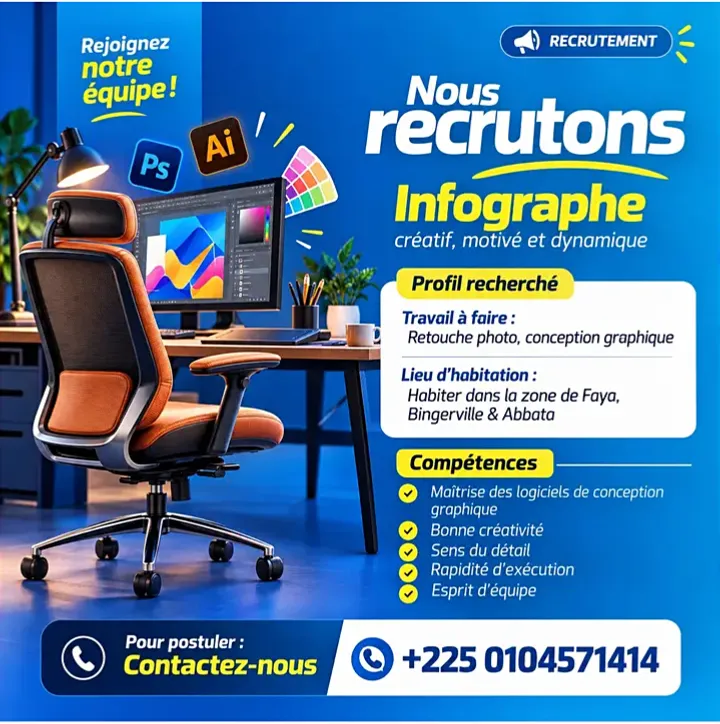 Offre RECRUTEMENT D'UN INFOGRAPHISTE H/F à Abidjan