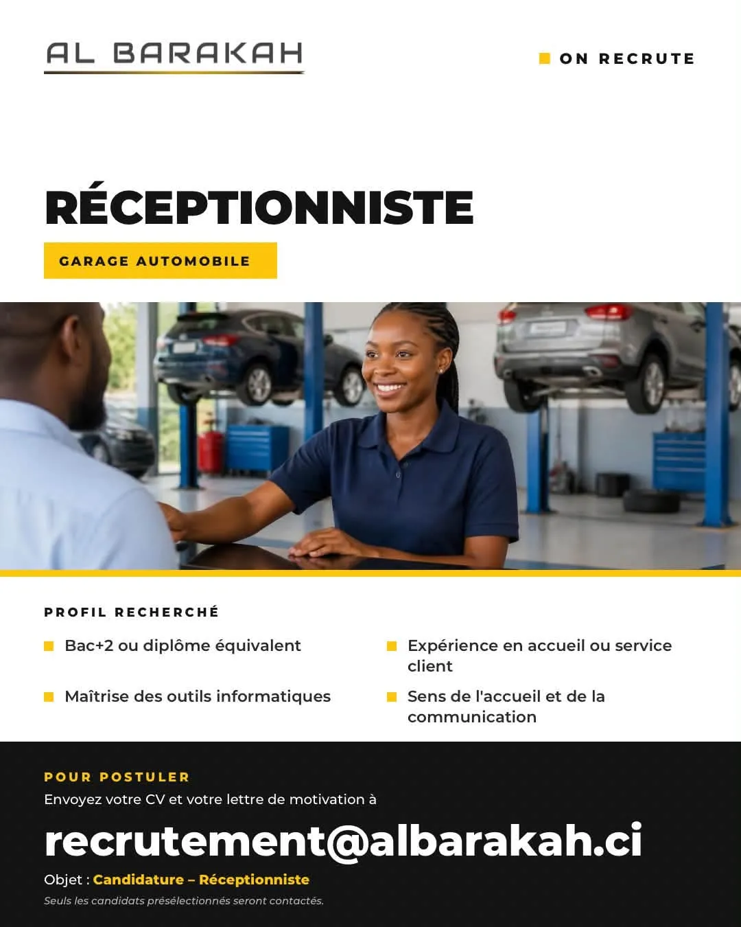 Offre RECRUTEMENT D'UNE RÉCEPTIONNISTE (F) à Cote d'ivoire