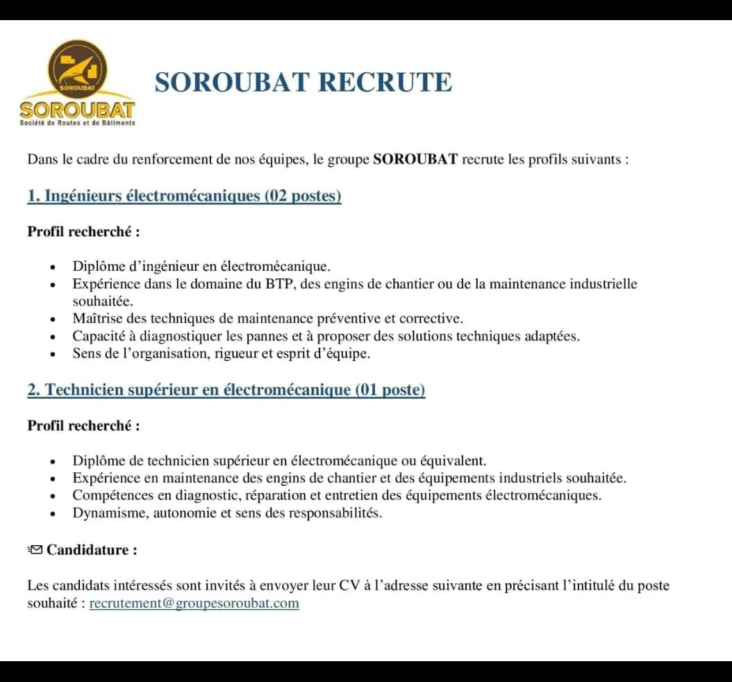 Offre RECRUTEMENT INGÉNIEUR/ TECHNICIEN ÉLECTROMÉCANIQUE à Cote d'ivoire