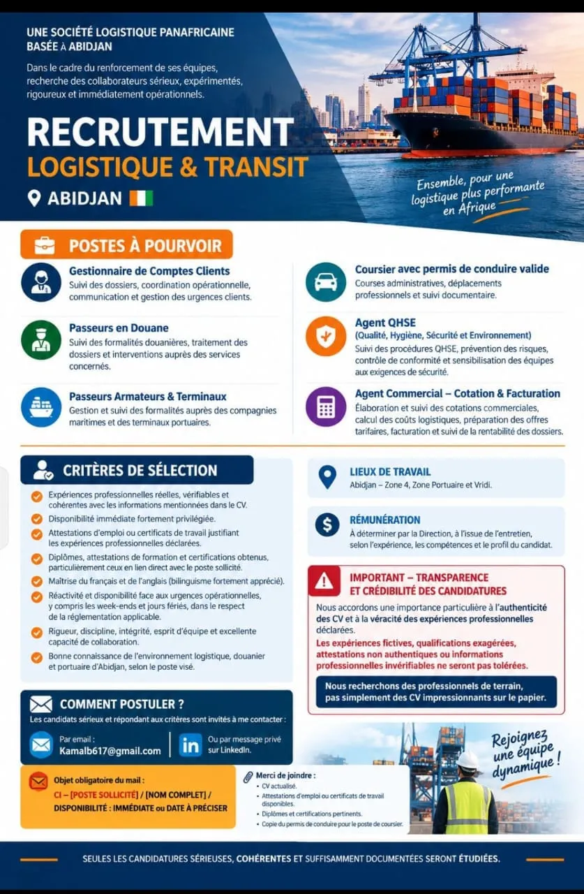 Offre RECRUTEMENT DE PLUSIEURS POSTES à Abidjan