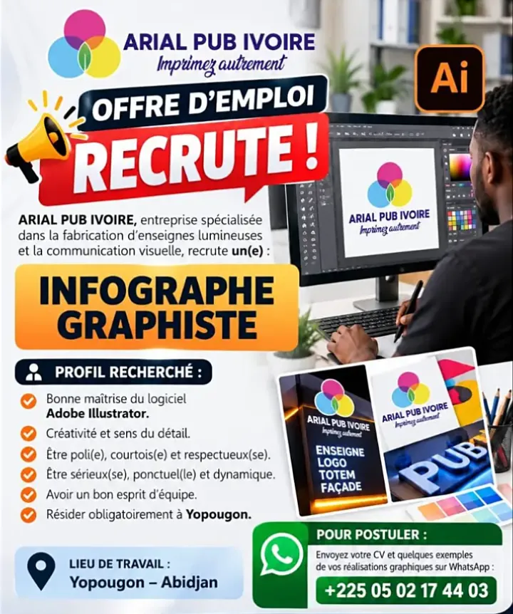 Offre RECRUTEMENT D'UN INFOGRAPHISTE H/F à Cote d'ivoire