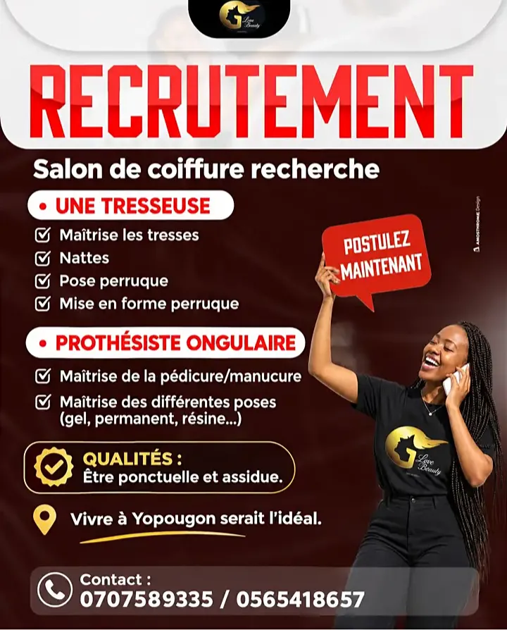 Offre RECRUTEMENT DE COIFFEUSE ET PROTHÉSISTE ONGULAIRE à Abidjan