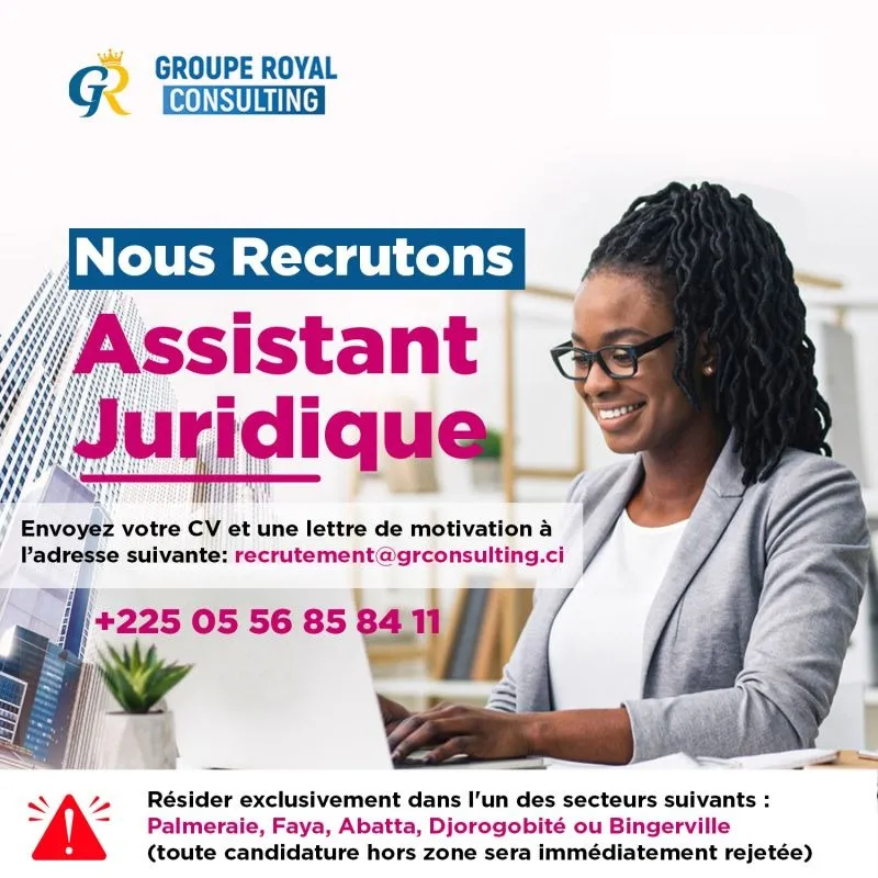 Offre RECRUTEMENT ASSISTANT JURIDIQUE (H/F) à ABIDJAN