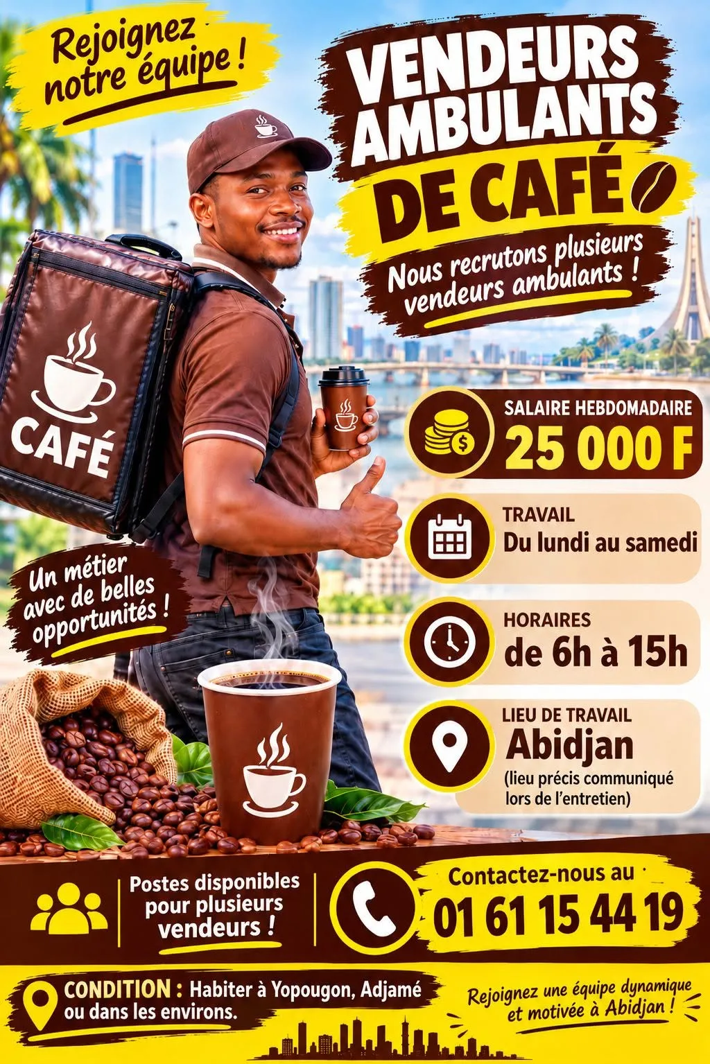 Offre RECRUTEMENT VENDEURS AMBULANTS DE CAFÉ à ABIDJAN