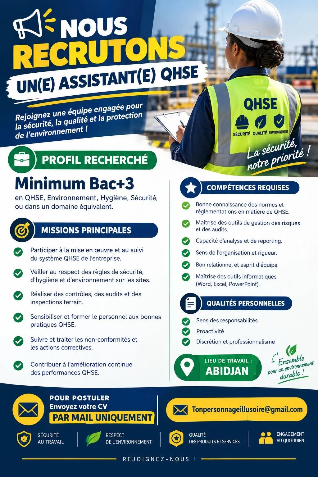 Offre OFFRE D’EMPLOI – ASSISTANT(E) QHSE à COTE D'IVOIRE