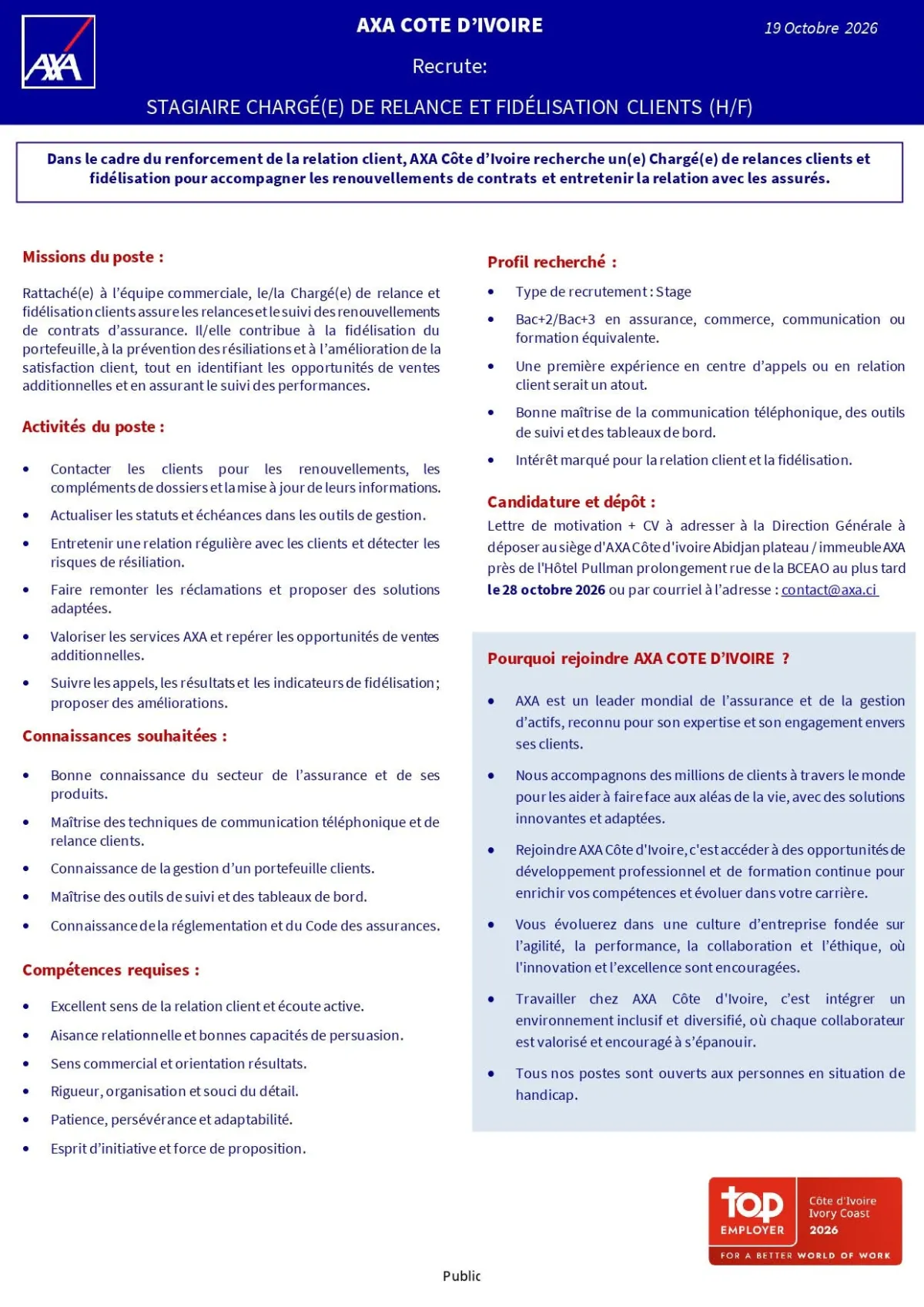 Offre RECRUTEMENT STAGIAIRE CHARGE DE RELANCE ET DE FIDELISATION (H/F) à COTE D'IVOIRE