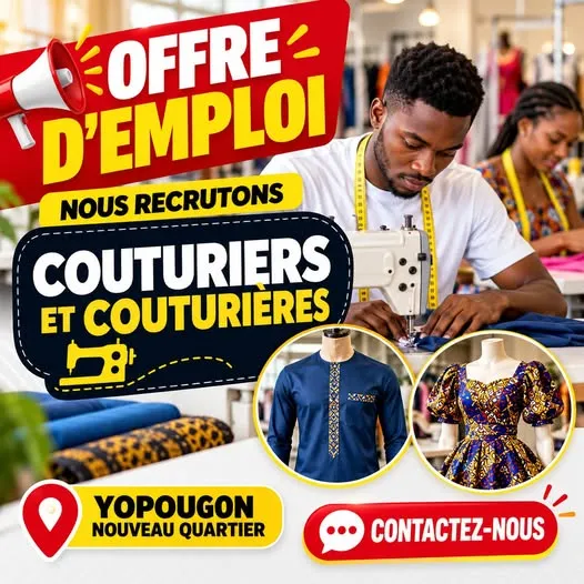 Offre RECRUTEMENT 𝗗𝗘𝗦 𝗖𝗢𝗨𝗧𝗨𝗥𝗜𝗘𝗥𝗦 𝗘𝗧 𝗖𝗢𝗨𝗧𝗨𝗥𝗜𝗘̀𝗥𝗘𝗦 𝗣𝗥𝗢𝗙𝗘𝗦𝗦𝗜𝗢𝗡𝗡𝗘𝗟𝗦 à ABIDJAN