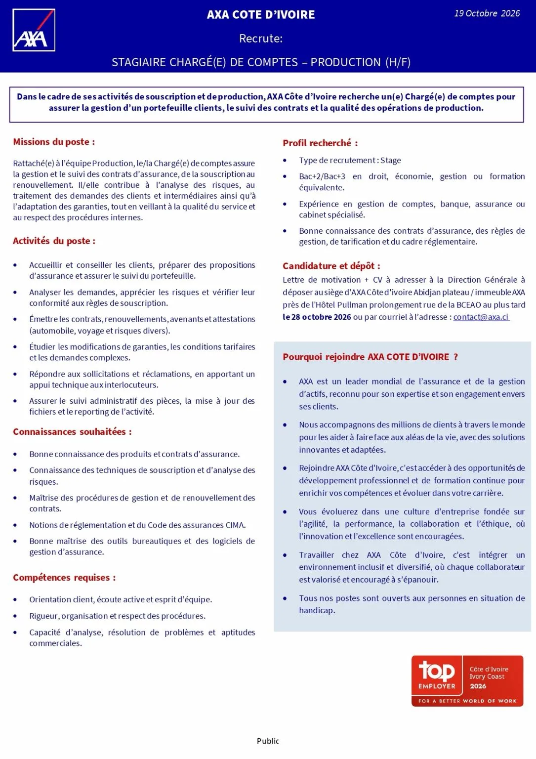 Offre RECRUTEMENT STAGIAIRE CHARGE DE COMPTE PRODUCTION (H/F) à COTE D'IVOIRE