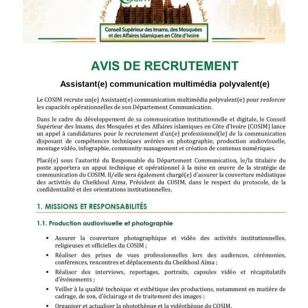 Offre RECRUITEMENT ASSISTANT COMMUNICATION MULTIMEDIA (H/F) à COTE D'IVOIRE