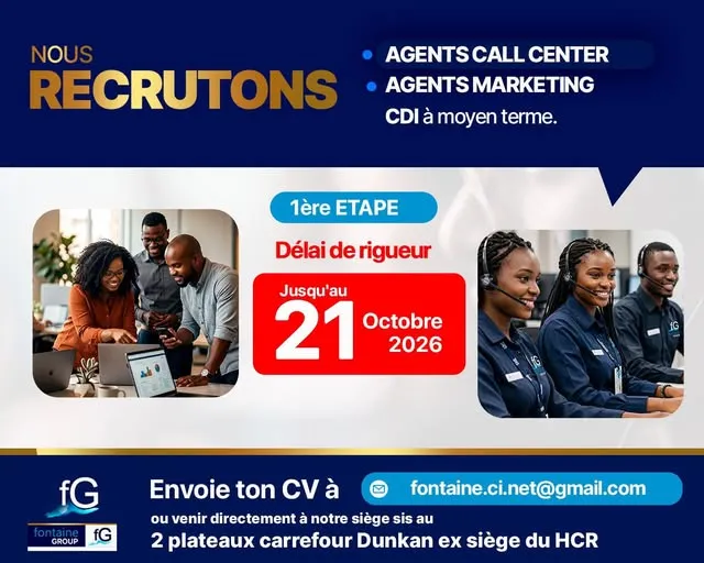 Offre RECRUTEMENT AGENT CALL CENTER / AGENT MARKETING à ABIDJAN