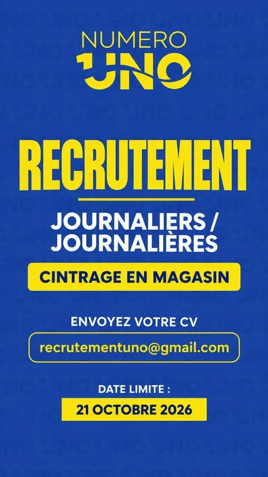 Offre NUMERO UNO RECRUTE DES JOURNALIERS / JOURNALIERE à ABIDJAN
