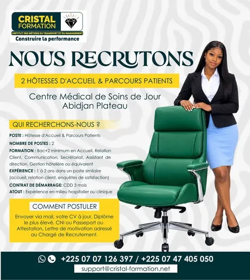 Offre RECRUTEMENT DEUX HOTESSES D'ACCUEIL à COTE D'IVOIRE