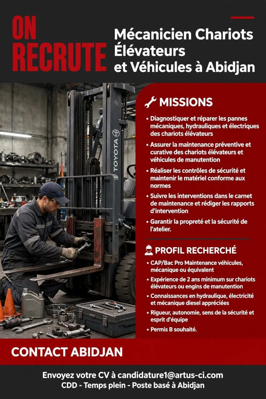 Offre RECRUTEMENT MECANICIEN CHARIOT ELEVATEUR à COTE D'IVOIRE