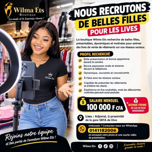 Offre RECRUTEMENT VENDEUSE LIVE EN BOUTIQUE à ABIDJAN