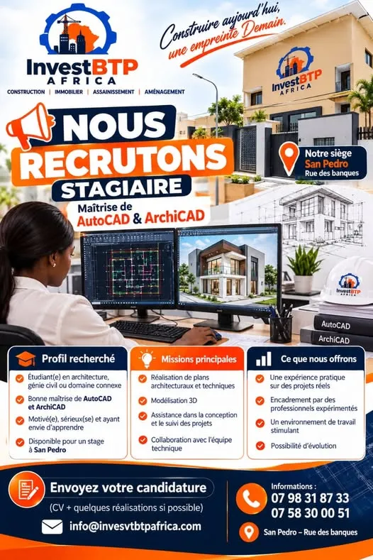 Offre OFFRE DE STAGE – ARCHITECTURE & CONCEPTION 3D à SAN-PEDRO