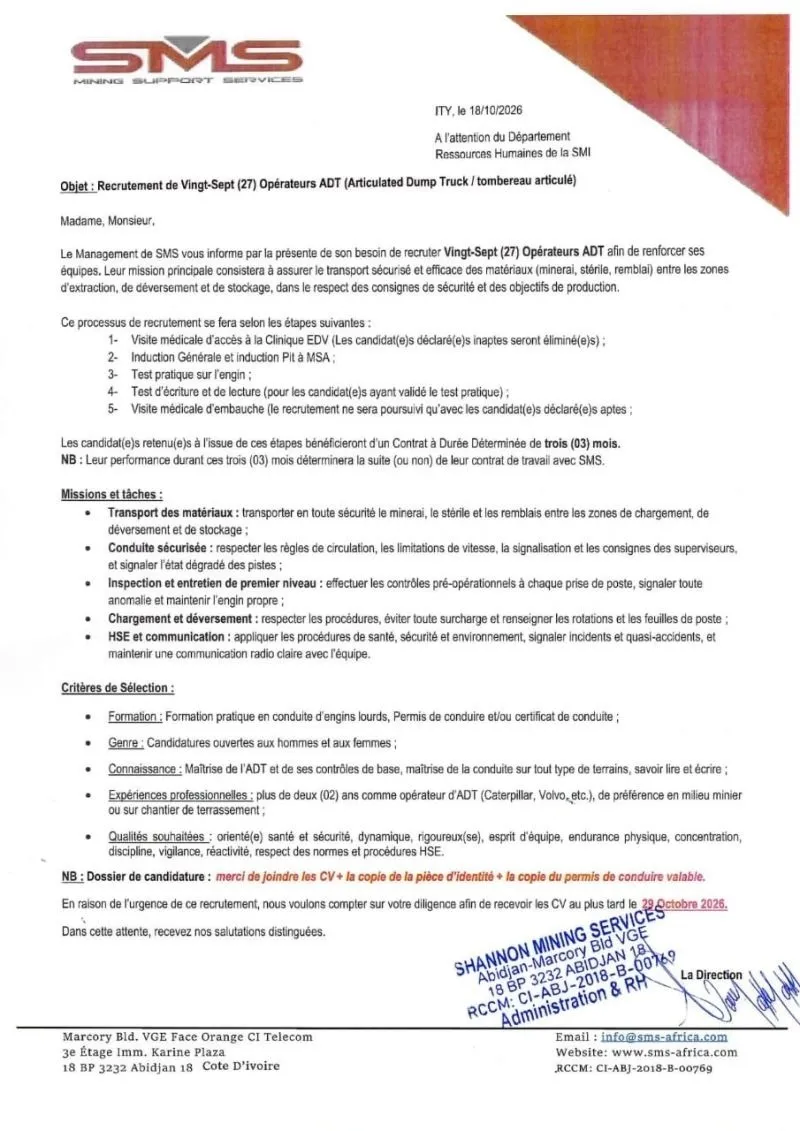 Offre RECRUTEMENT DE VINGT-SEPT OPERATEUR ADT à COTE D'IVOIRE