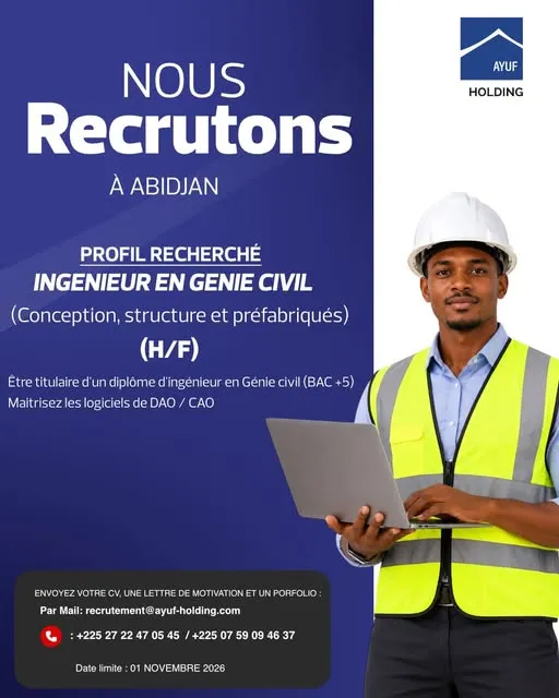 Offre RECRUTEMENT INGENIEUR GENIE CIVIL à COTE D'IVOIRE
