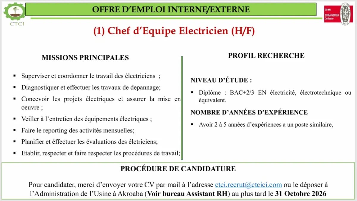 Offre RECRUTEMENT CHEF D'EQUIPE D'ELECTRIEN à COTE D'IVOIRE