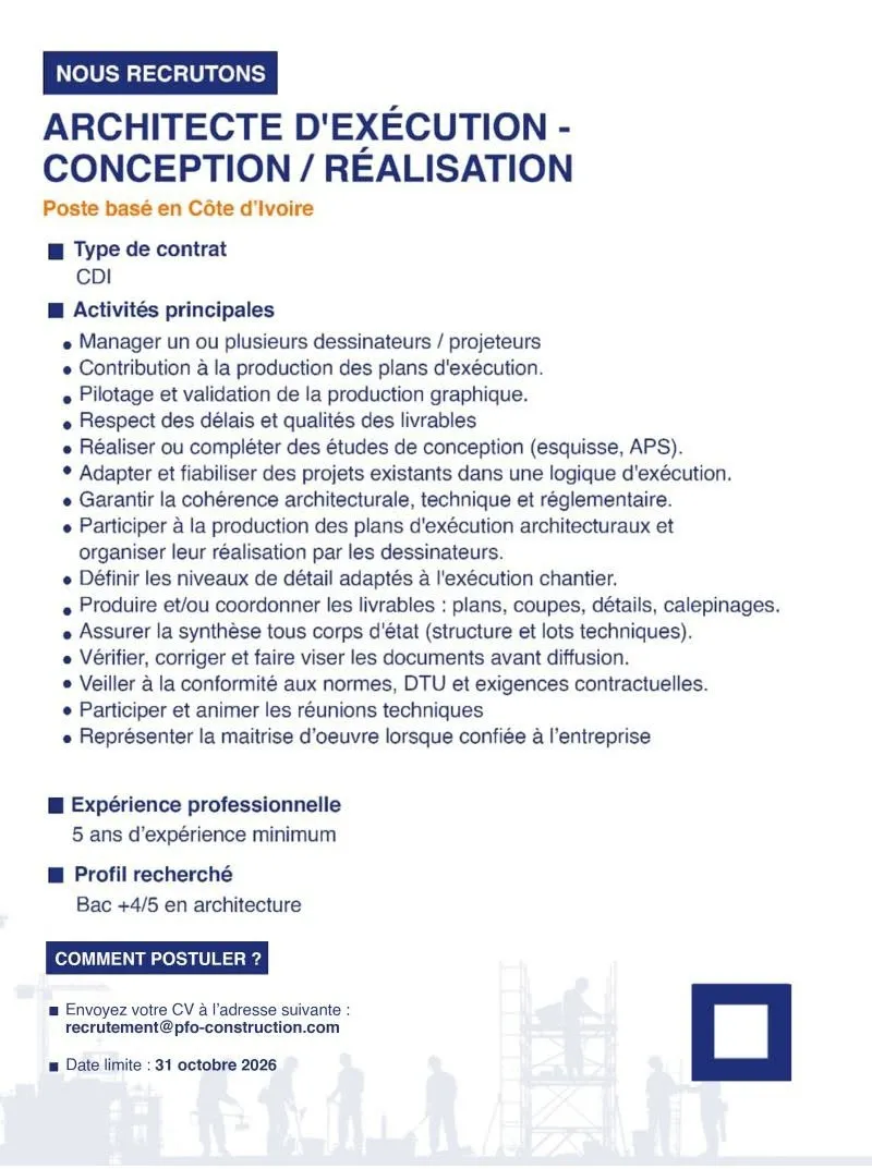 Offre RECRUTEMENT ARCHITECTE D'EXCECUTION (H/F) à COTE D'IVOIRE