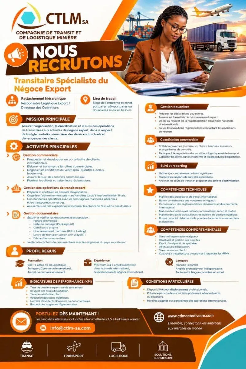 Offre RECRUTEMENT TRANSITAIRE SPECIALISTE DU NEGOCE EXPORT à COTE D'IVOIRE