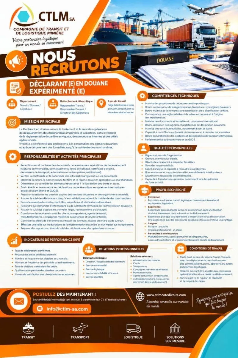 Offre RECRUTEMENT DECLARANT EN DOUANE (H/F) à COTE D'IVOIRE