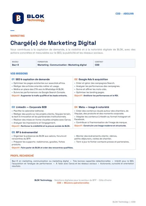 Offre RECRUTEMENT CHARGE DE MARKETING DIGITAL (H/F) à ABIDJAN